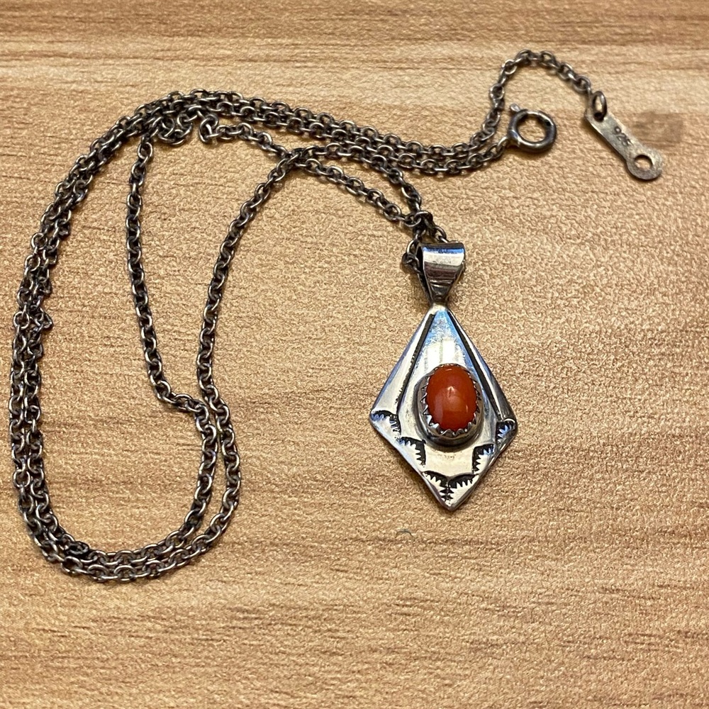 Signed native American Sterling Silver coral hand stamped pendant Necklace